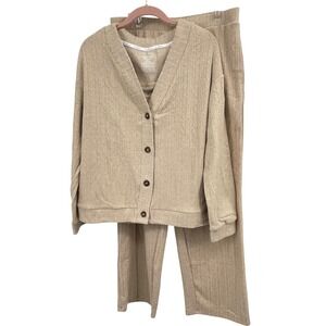Live 2 Lounge NWOT Womens 3 Piece Pointelle Knit Set Cardigan Tank Pants Beige L